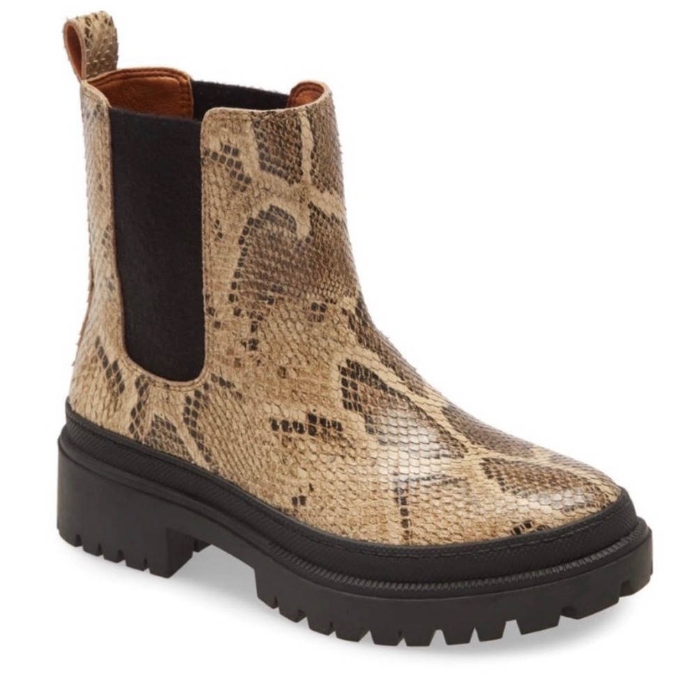 Lucky Brand Leather Snake Print Lug Sole Chelsea Ankle Boots Tan Black Women 7M